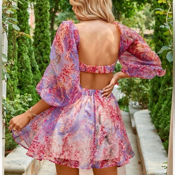 Random Floral Print Lantern Sleeve Backless Dress Size 6/M from SheIn - Picture 2 of 4